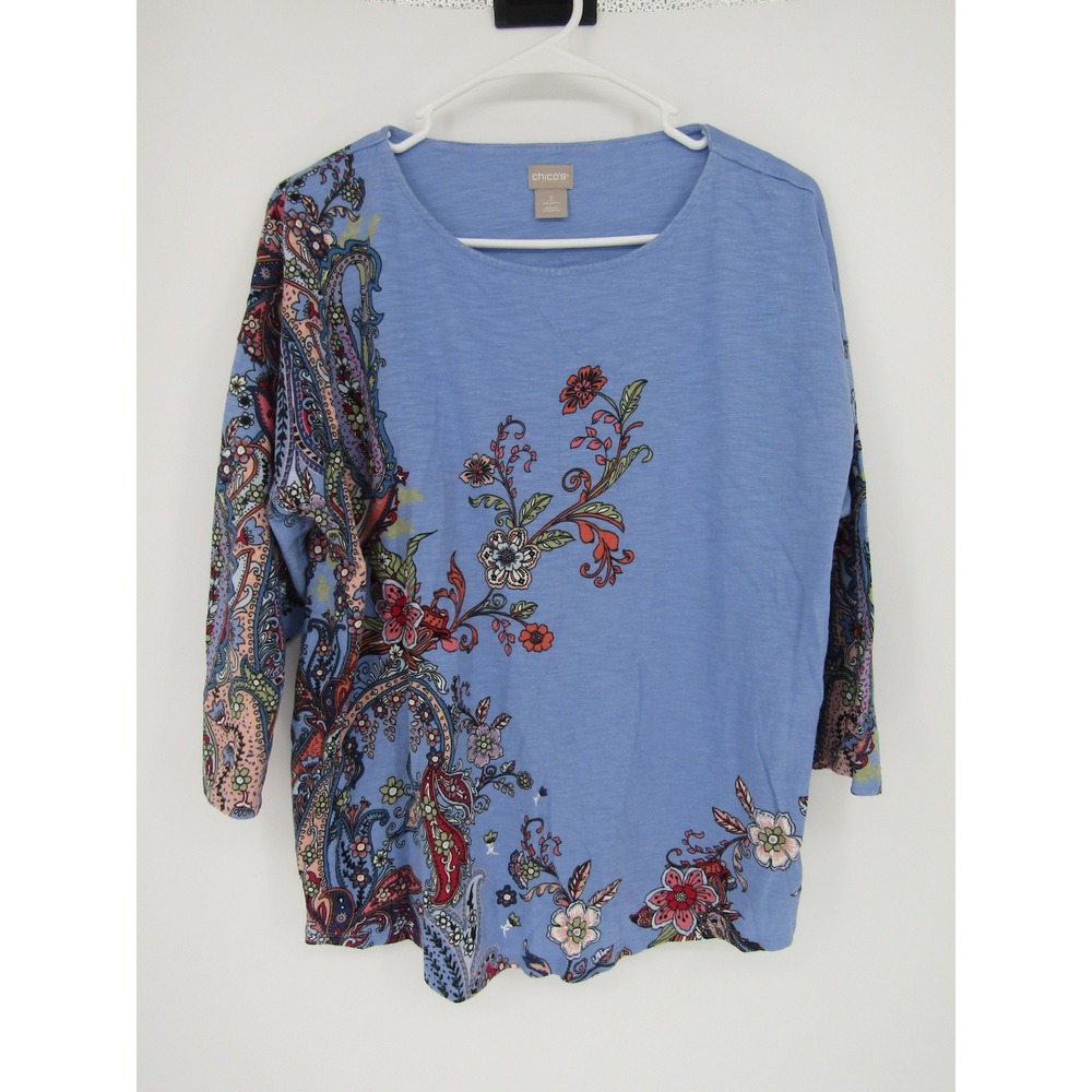 Chico's Paisley Floral Top Womens Size L Blue 3/4 Sleeve Slub Knit Cotton Blend
